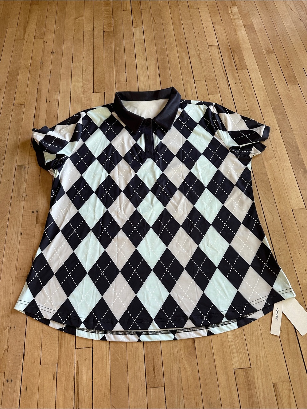 Women's Black and White Argyle Button-Down Polo Top